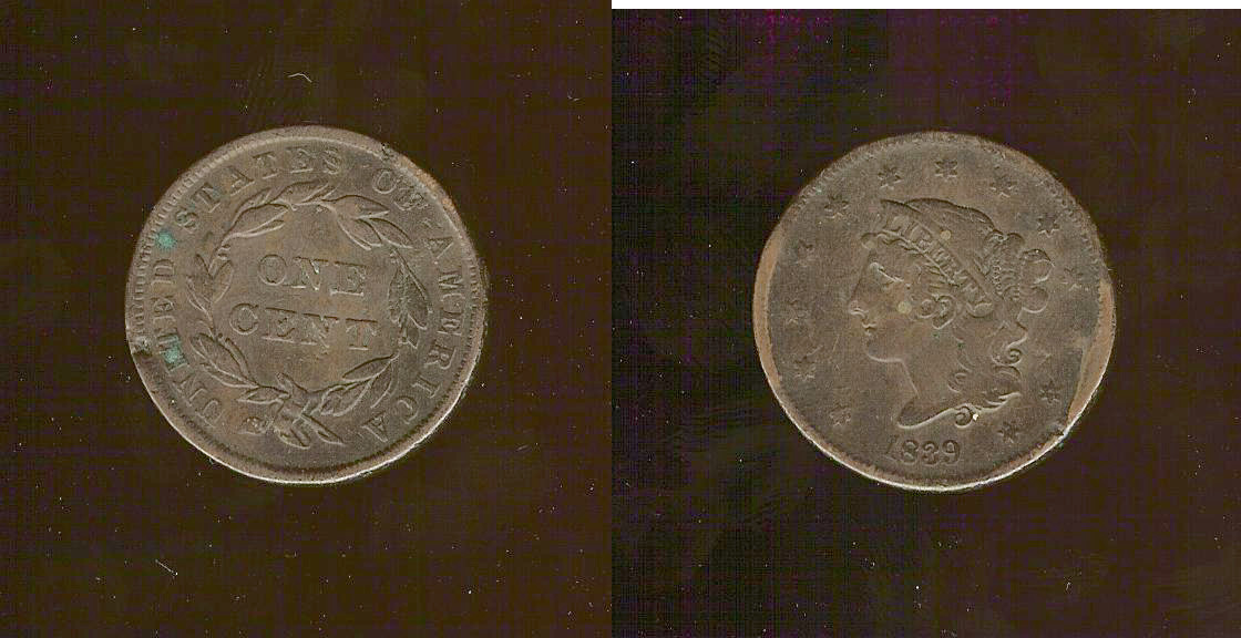 USA 1 large cent 1839 aVF